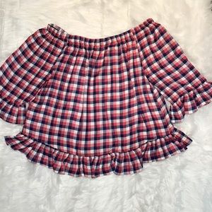 Jane & Delancey Women’s BLUE PINK WHITE Plaid Off Shoulder 3/4 Sleeves Ruffles